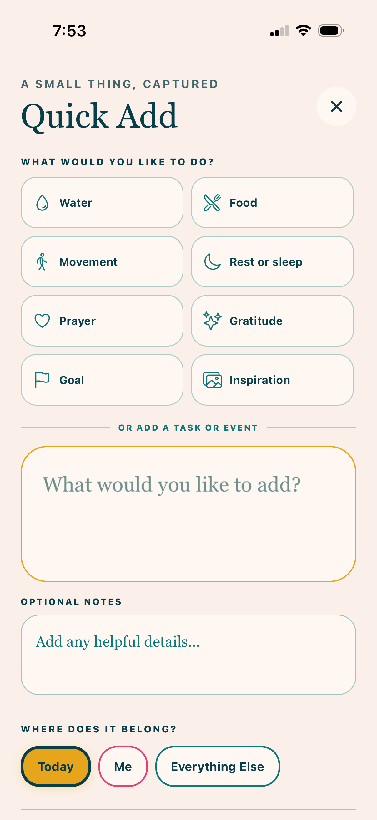 Quick Add screen for logs, tasks, and events