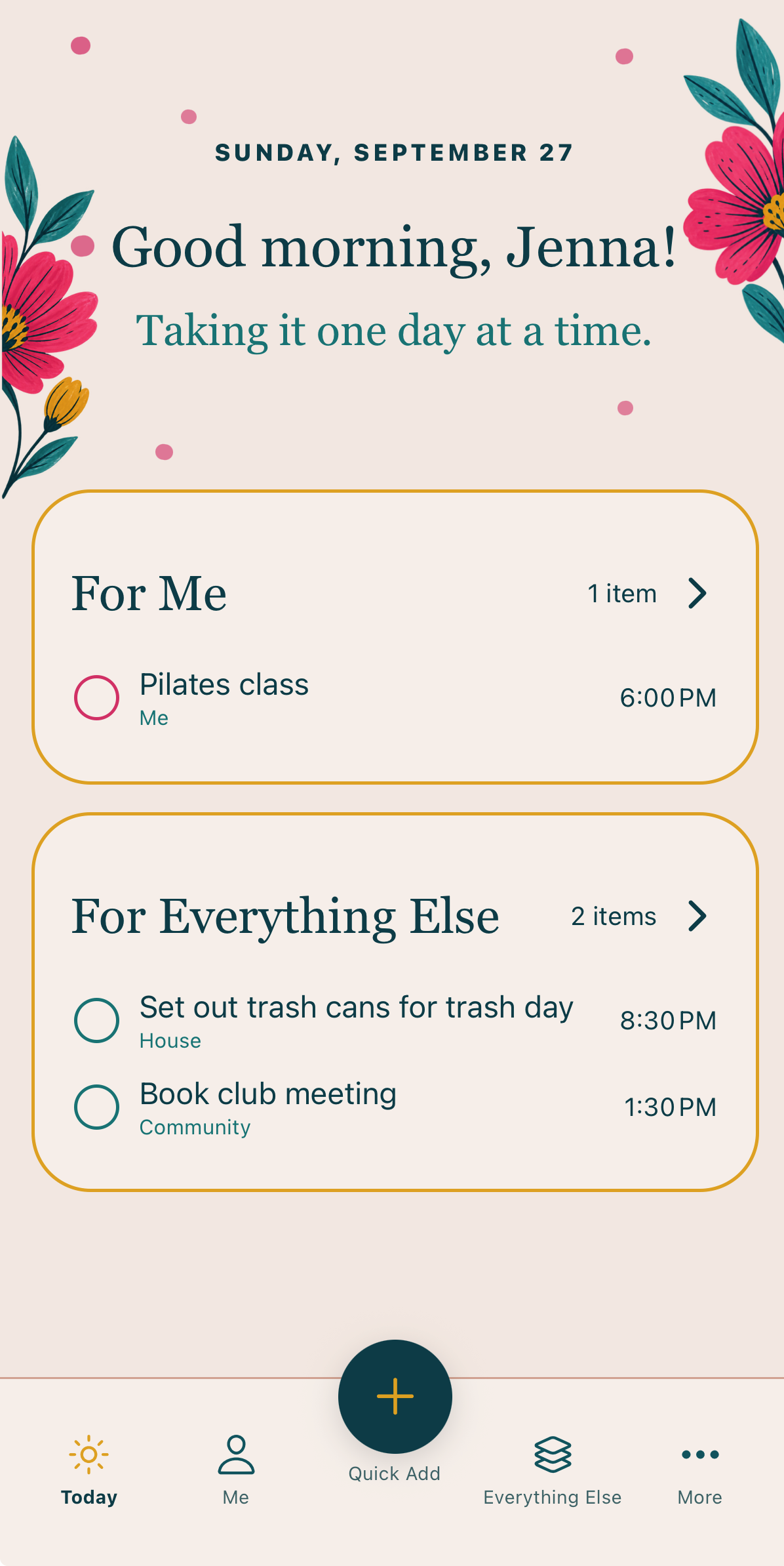 Room & Grace Today screen showing personal and other responsibilities