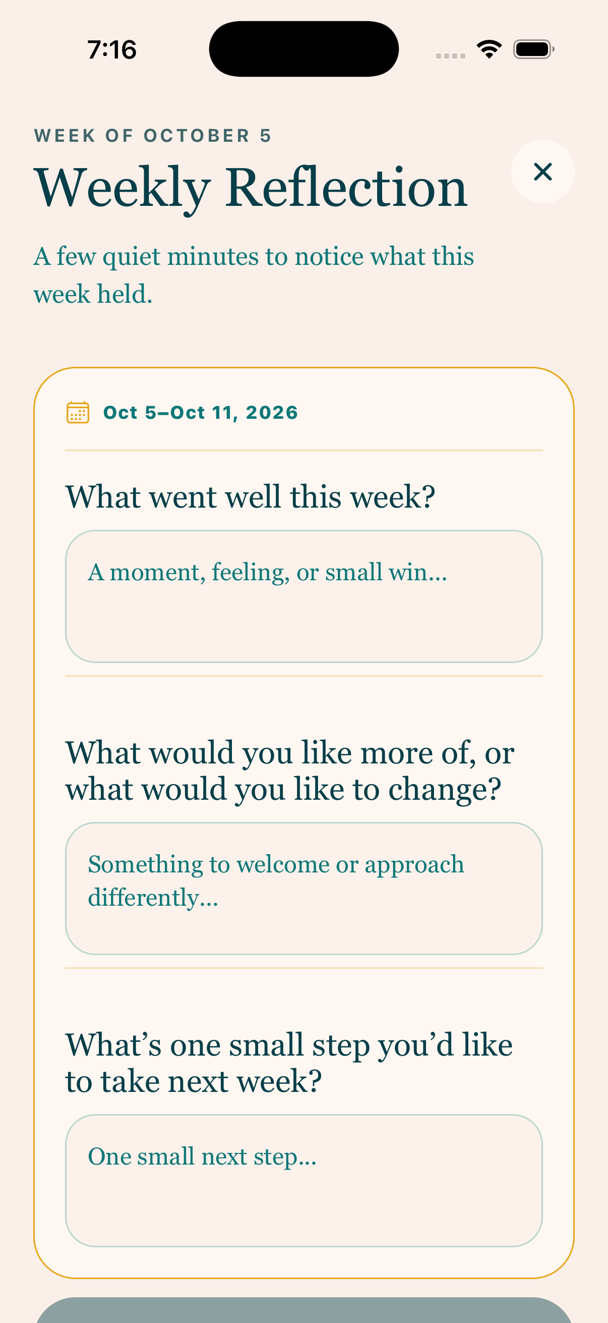 Weekly Reflection in Room & Grace with three gentle questions about the week and a small next step